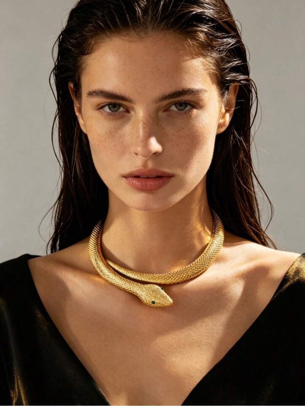Gold Snake Collar Necklace with Green Eyes